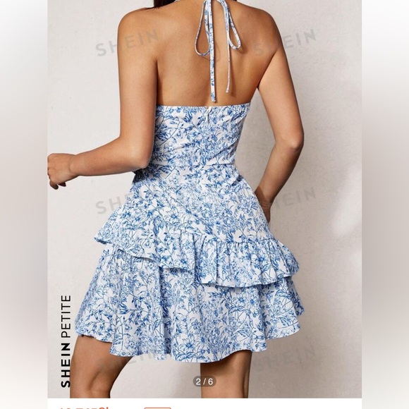 Floral Print Layered Tiered Ruffle Hem Halter Mini Dress Blue White NWT sz M Zip - Picture 12 of 16